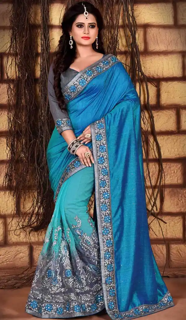 Sky Blue Color Net Silk Fabric Casual Wear Saris Blouse | FH513578164