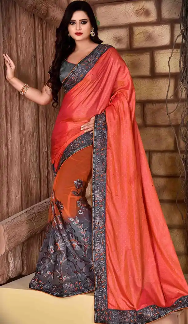 Salmon Color Net Silk Fabric Casual Wear Saris Blouse | FH513578169