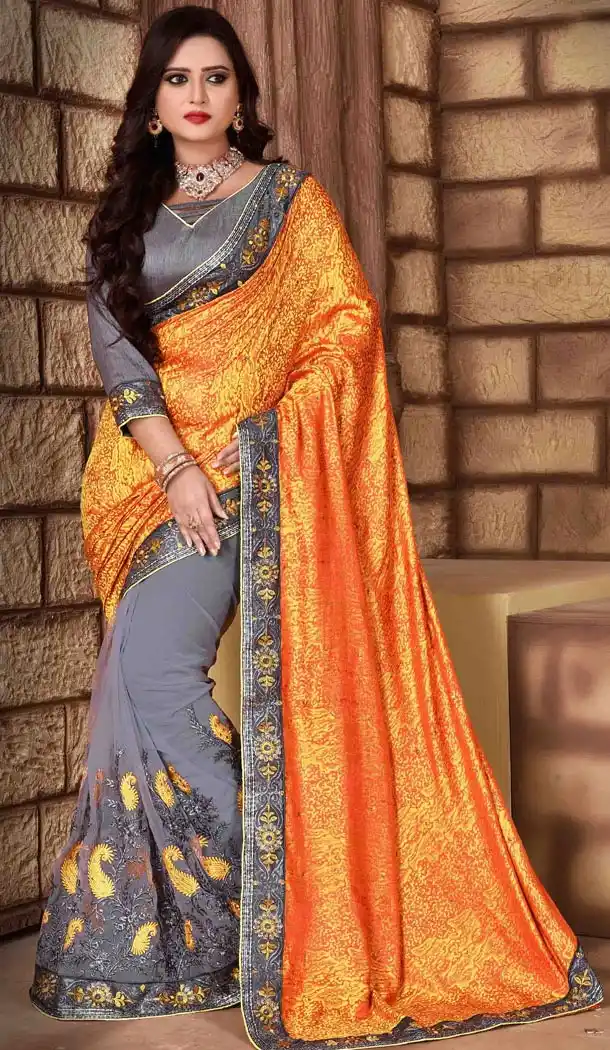 Slate Grey Color Net Silk Fabric Casual Wear Saris Blouse | FH513578170
