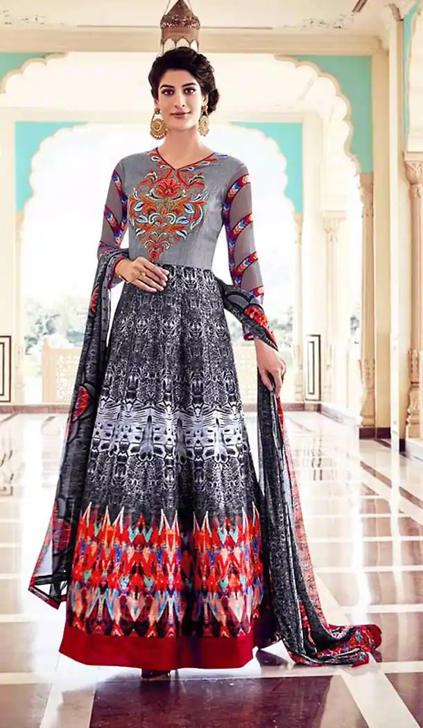 Grey Color Silk A Line Style Long Anarkali Salwar Kameez | FH513878141