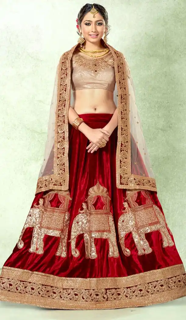 Maroon Color Velvet Circular Style Party Wear Lehenga Choli | FH514078222