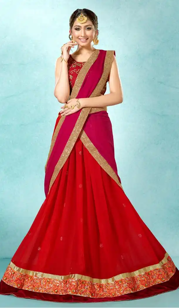 Red Color Georgette Circular Style Party Wear Lehenga Choli | FH514078224