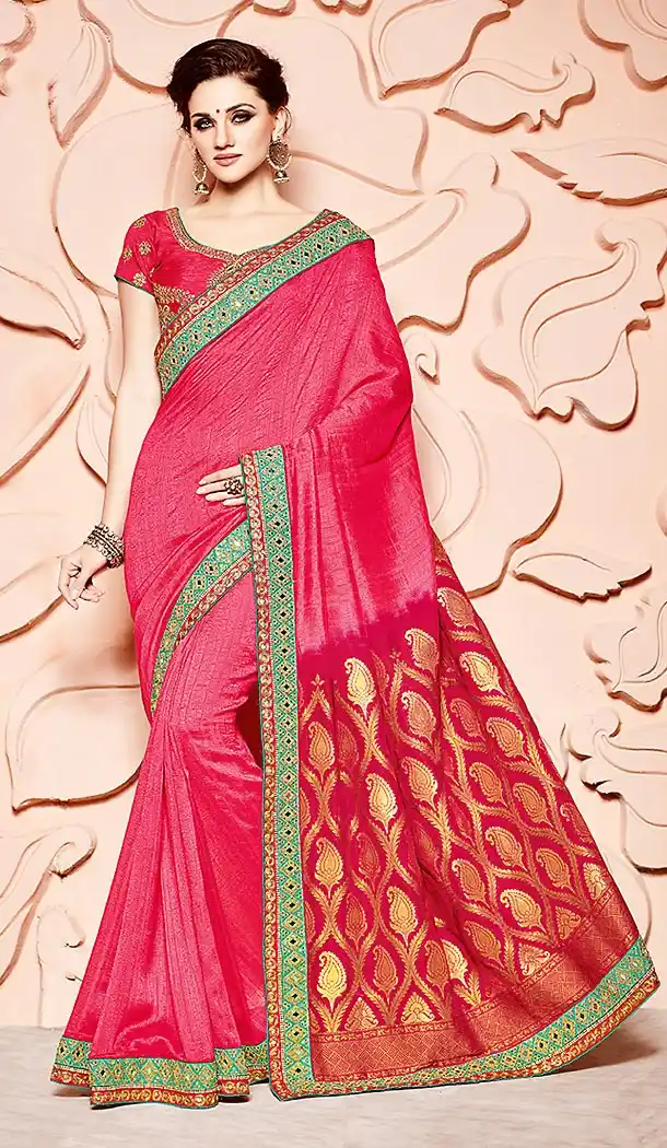 Deep Pink Color Banarasi Silk Fabric Designer Wear Saris Blouse | FH514178243