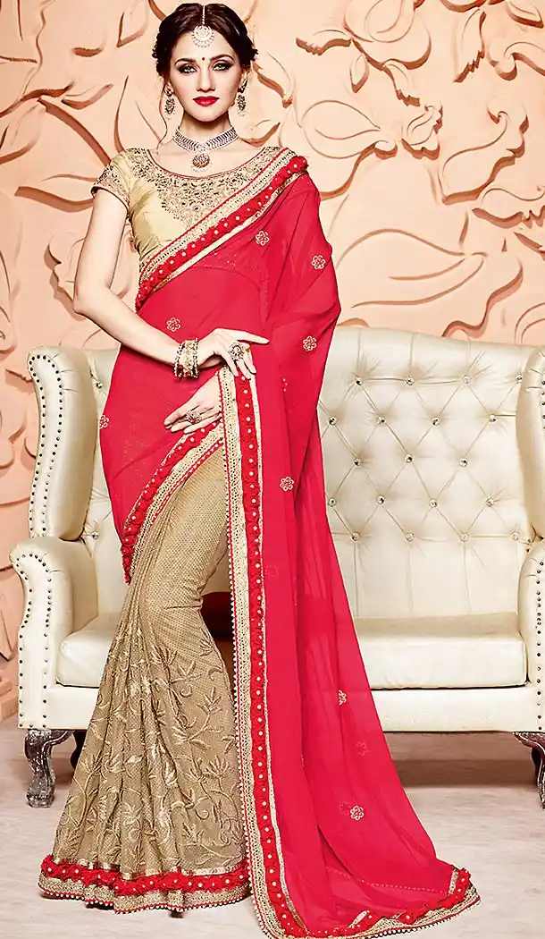 Red Color Chiffon Fabric Designer Wear Saris Blouse | FH514178244