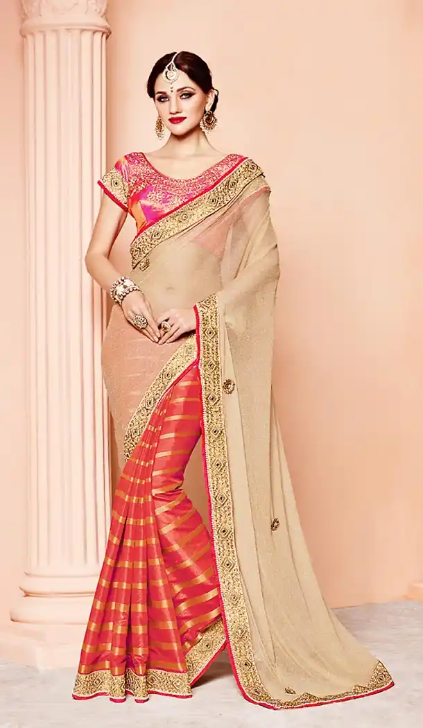 Tan Brown Color Banarasi Silk Fabric Party Wear Saris Blouse | FH514178247