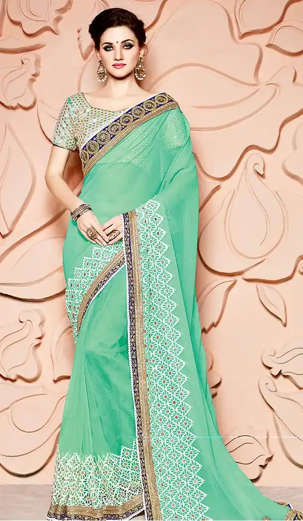 Aloe Vera Green Color Chiffon Fabric Party Wear Saris Blouse | FH514178254