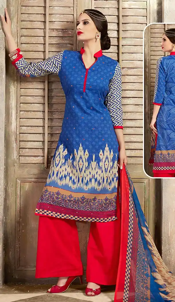 Blue Color Cotton Straight Cut Style Geometric Print Kameez with Palazzo | FH514278257