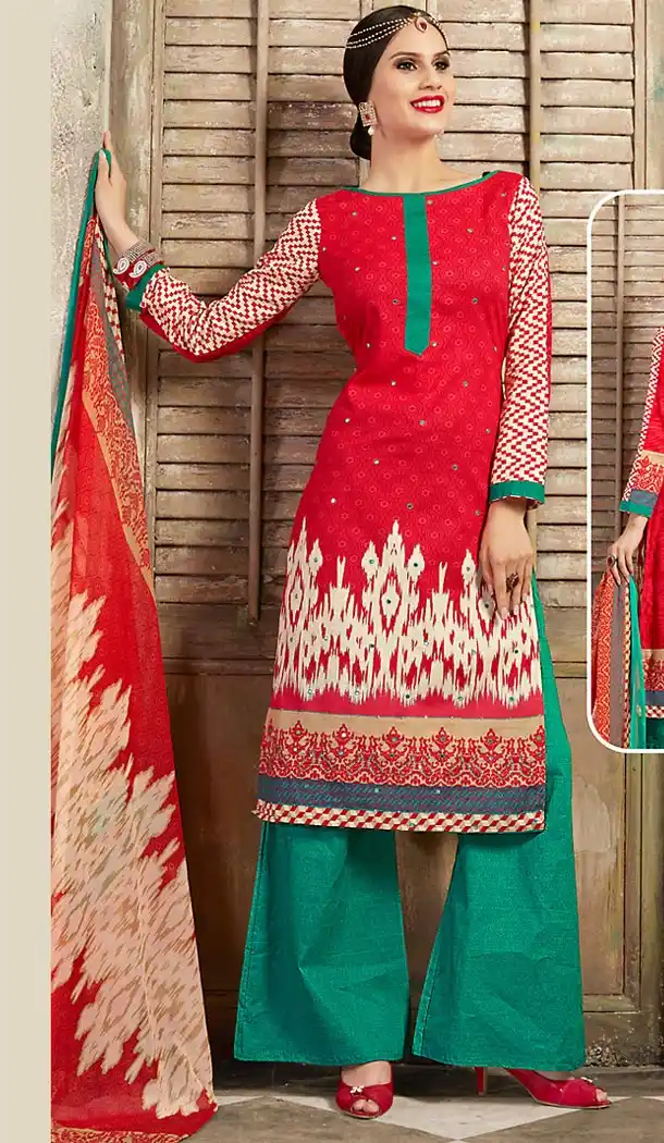 Red Color Cotton Straight Cut Style Geometric Print Kameez with Palazzo | FH514278258