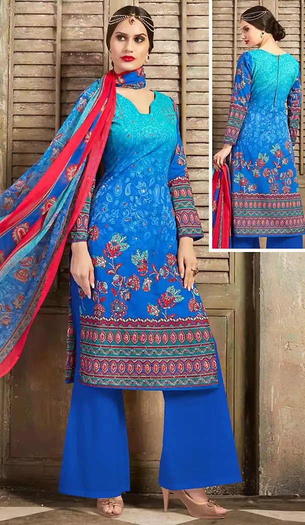Blue Color Cotton Straight Cut Style Geometric Print Kameez with Palazzo | FH514278259