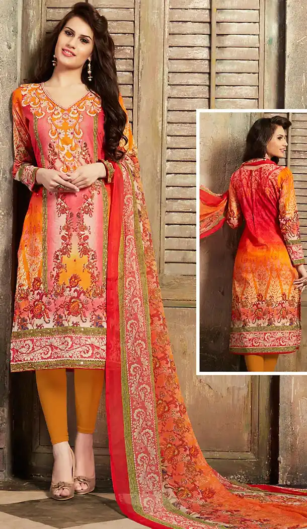 Salmon Color Cotton Straight Cut Style Geometric Print Churidar Kameez | FH514278262