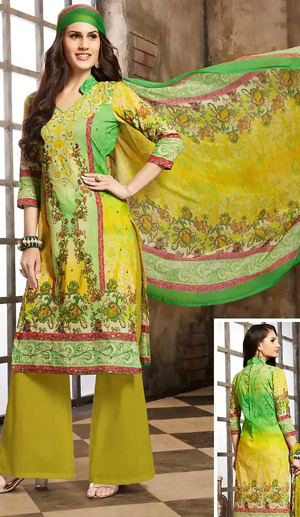 Mehendi Green Color Cotton Straight Cut Style Geometric Print Palazzo Kameez | FH514278263