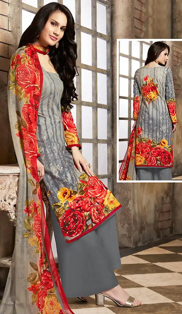 Slate Grey Color Cotton Straight Cut Style Geometric Print Palazzo Kameez | FH514278264