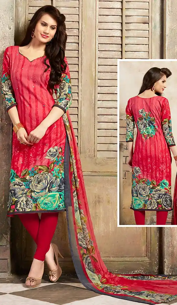Deep Pink Color Cotton Straight Cut Style Geometric Print Churidar Kameez | FH514278265