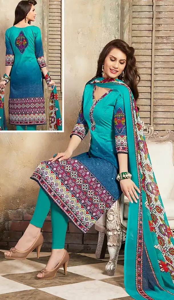 Turquoise Color Cotton Straight Cut Style Geometric Print Palazzo Kameez | FH514278267