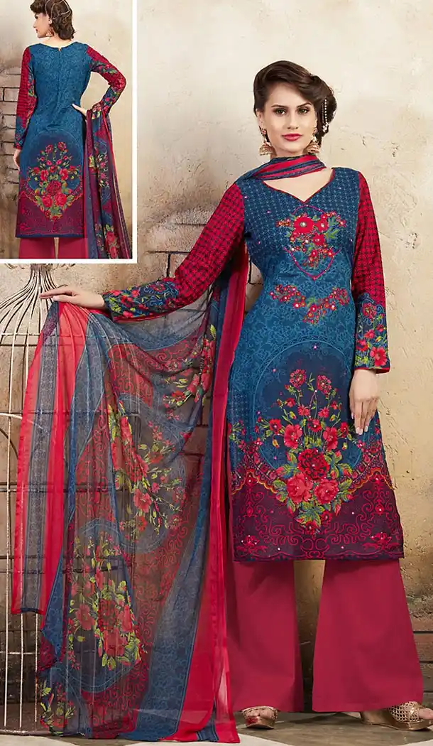 Blue Color Cotton Straight Cut Style Geometric Print Palazzo Kameez | FH514278271