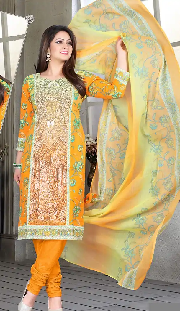 Yellow Color Cotton Straight Cut Style Geometric Print Churidar Kameez | FH514278272