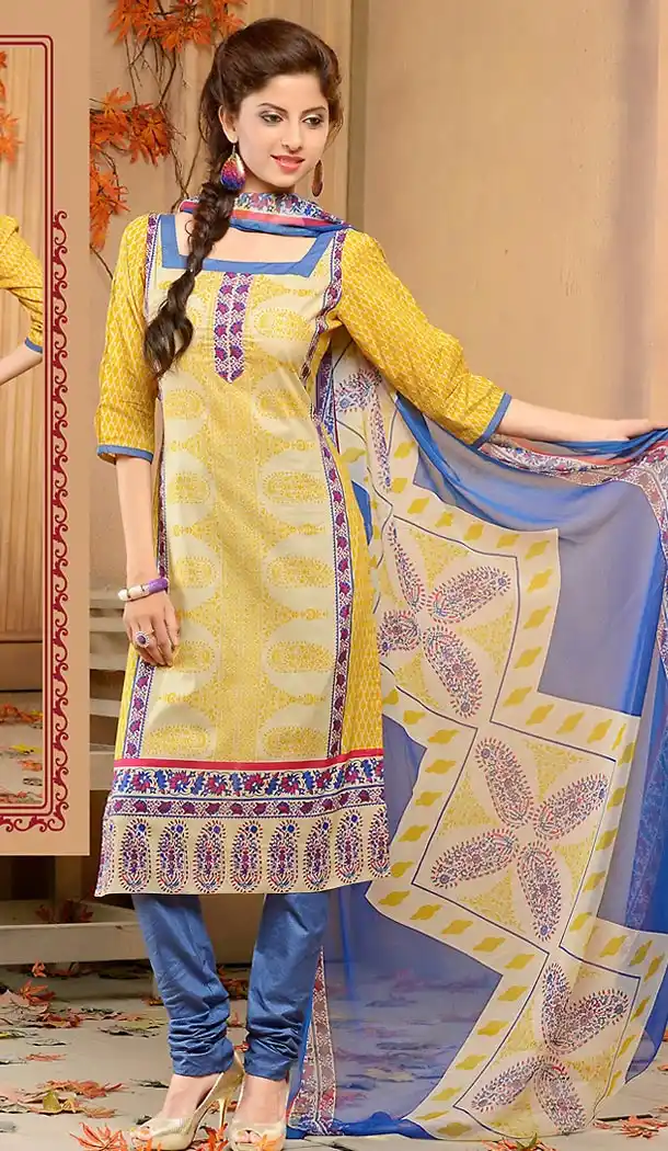 Yellow Color Cotton Straight Cut Style Geometric Print Churidar Kameez | FH514278277