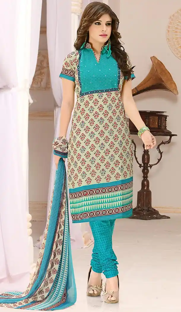 Casual Daily Wear Salwar Kameez in Greenish Blue Color Cotton Fabric | FH514378291