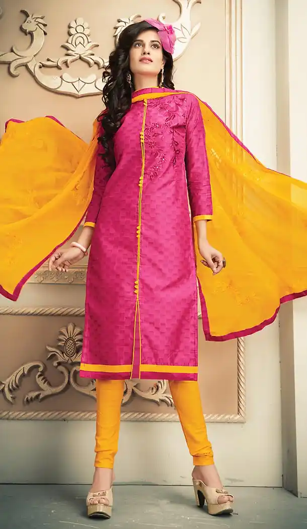 Chanderi Silk Fabric Casual Daily Wear Churidar Kameez in Deep Pink Color | FH514578314