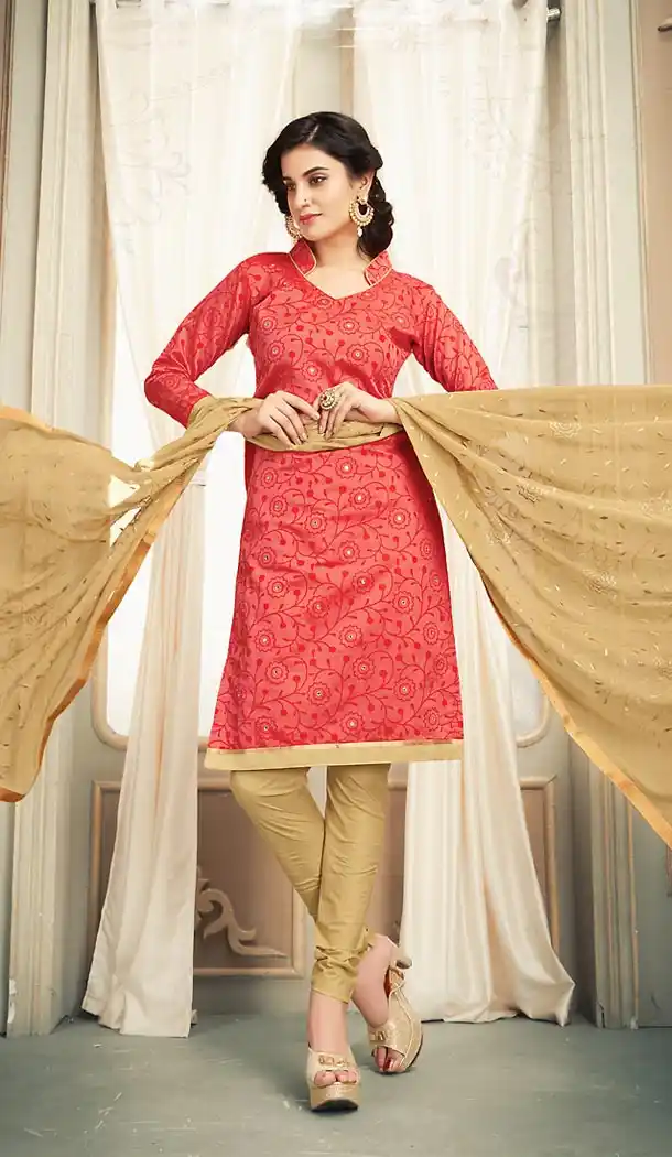 Chanderi Silk Fabric Casual Daily Wear Churidar Kameez in Crimson Color | FH514578316