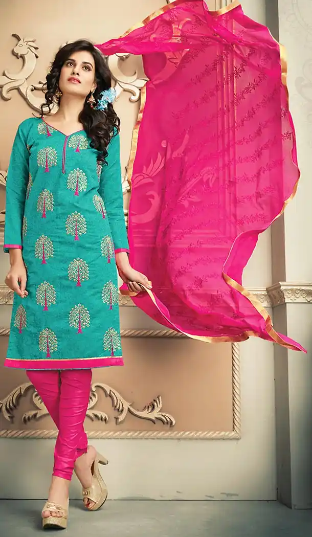 Chanderi Silk Fabric Casual Daily Wear Churidar Kameez in Greenish Blue Color | FH514578317