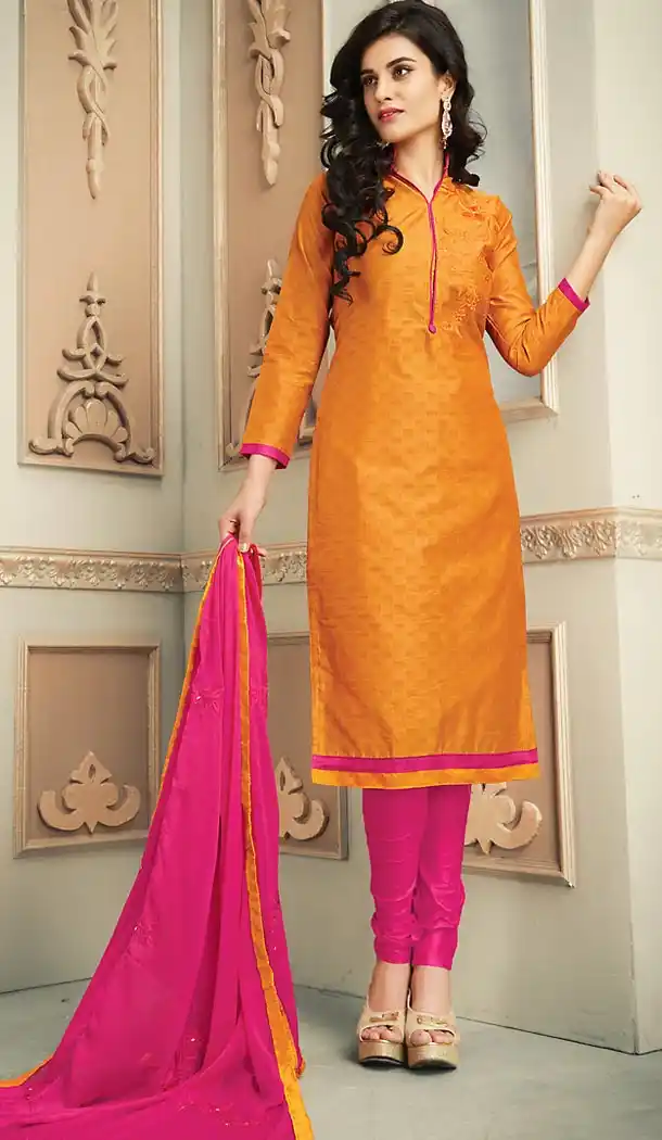 Chanderi Silk Fabric Casual Daily Wear Churidar Kameez in Orange Color | FH514578320