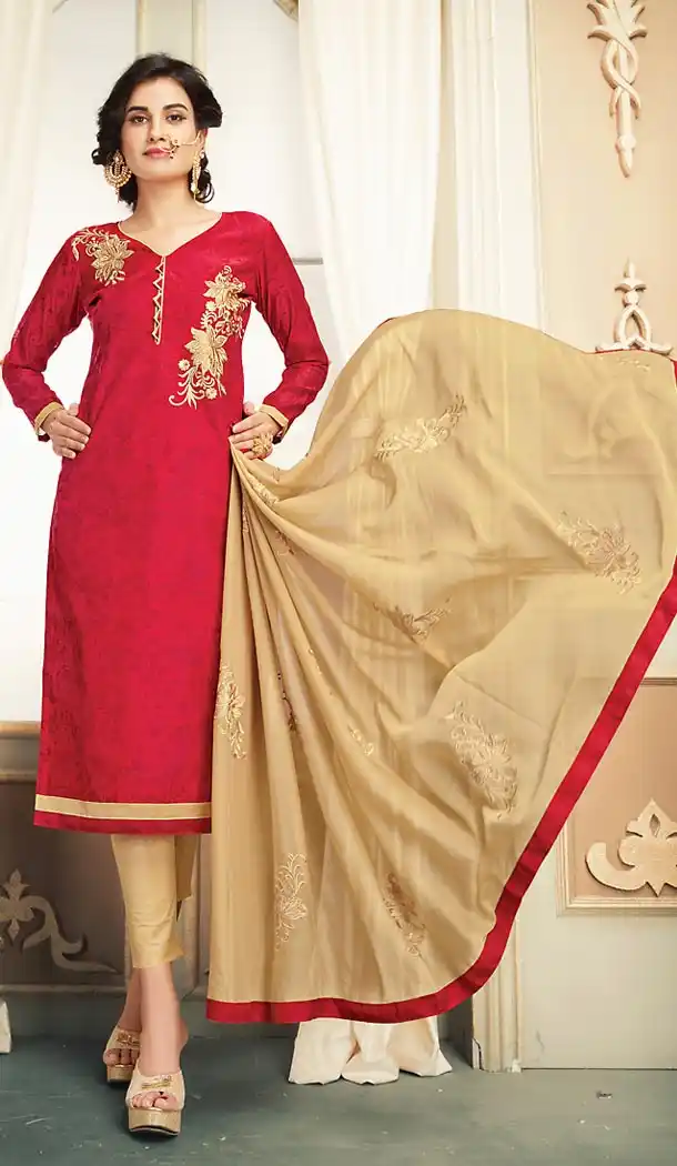 Chanderi Silk Fabric Casual Daily Wear Churidar Kameez in Red Color | FH514578322