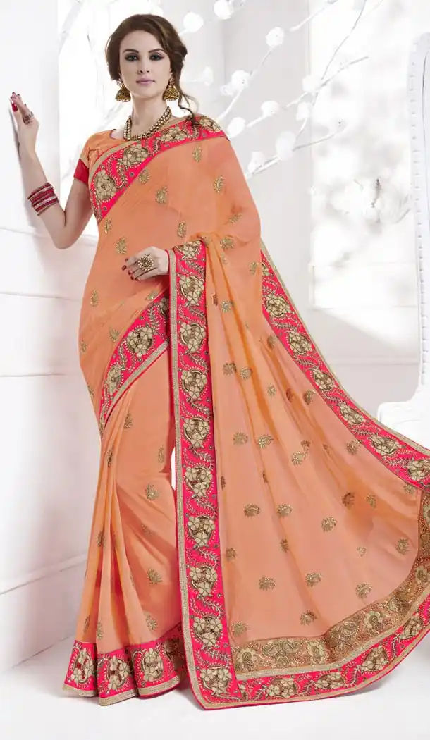 Embroidered Georgette Traditional Wear Saree Blouse in Orange Color | FH515278393
