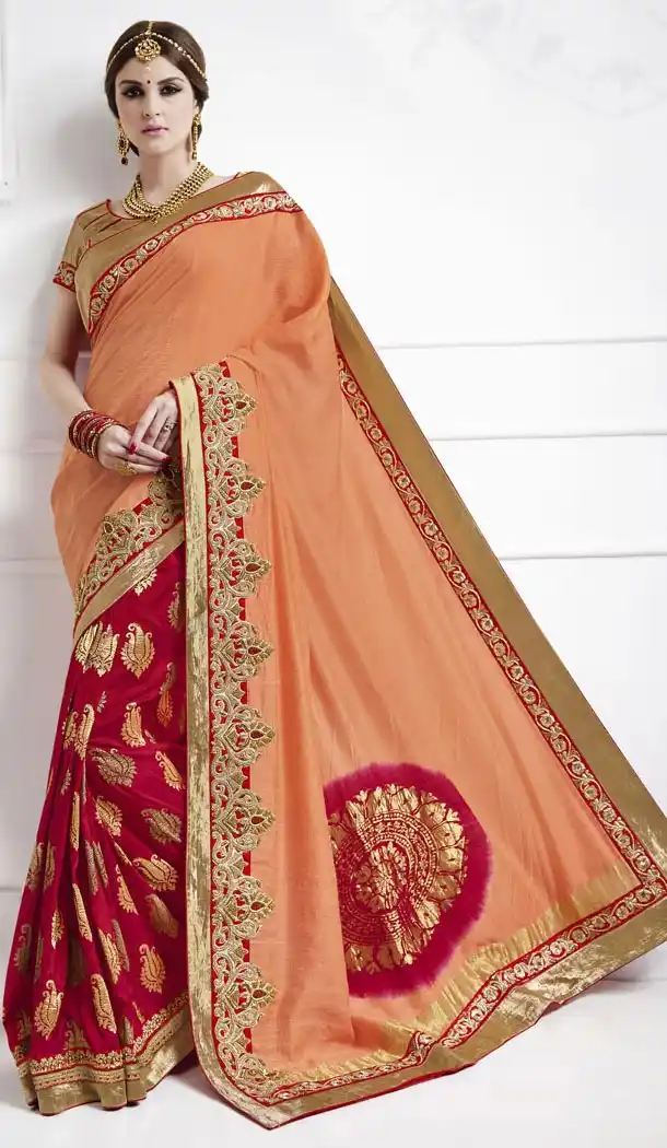 Embroidered Jacquard Traditional Wear Saree Blouse in Apricot Color | FH515278395