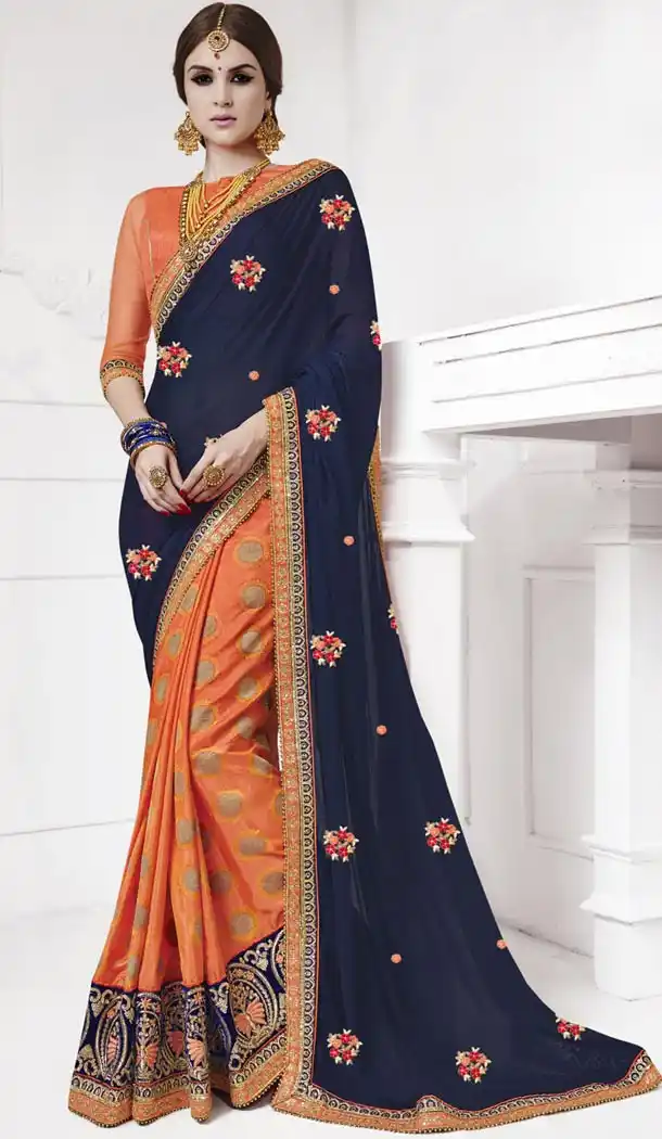Embroidered Silk Traditional Wear Saree Blouse in Navy Blue Color | FH515278398