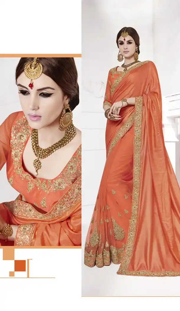 Embroidered Georgette Traditional Wear Saree Blouse in Orange Color | FH515278402