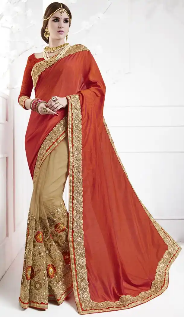 Embroidered Silk Traditional Wear Saree Blouse in Tan Brown Color | FH515278404