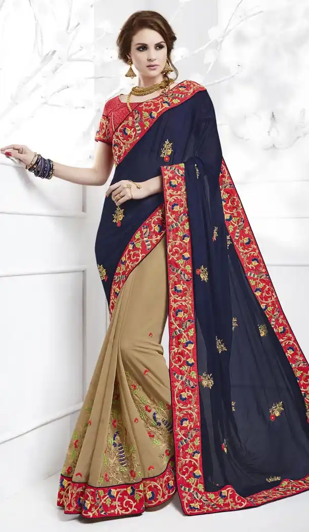 Embroidered Georgette Traditional Wear Saree Blouse in Navy Blue Color | FH515278405