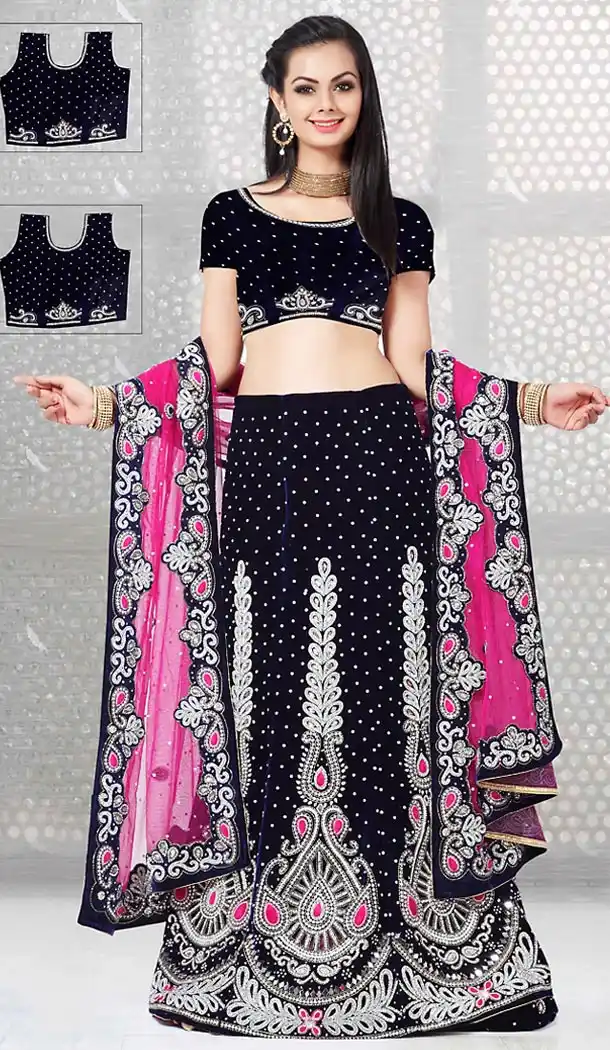 A Line Lehenga Style Wedding Lehenga Choli in Navy Blue Color Velvet | FH515578418