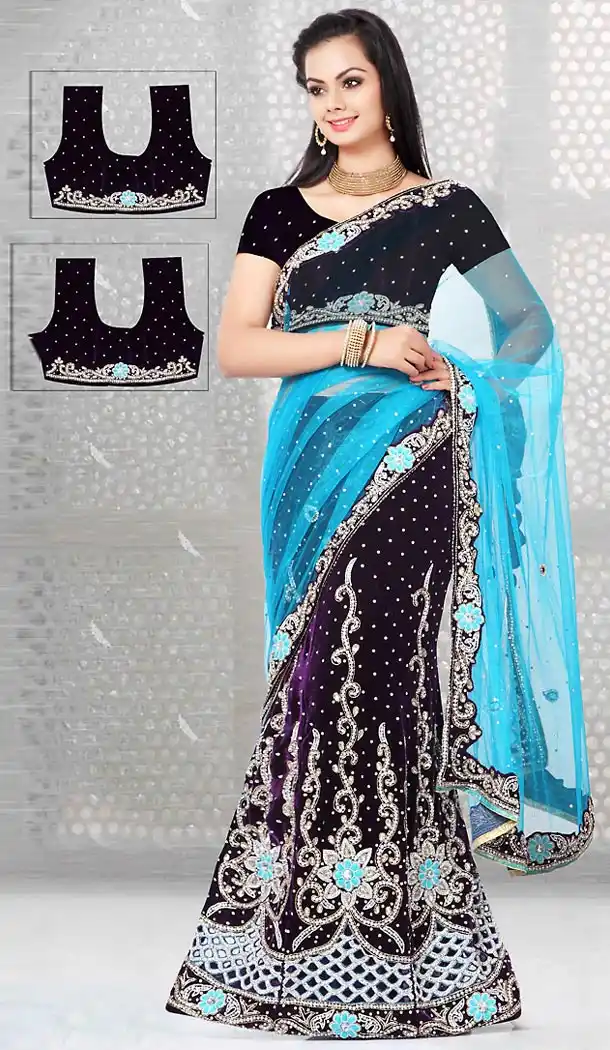Lehenga Style Wedding Lehenga Saree in Purple Color Net Velvet | FH515578420