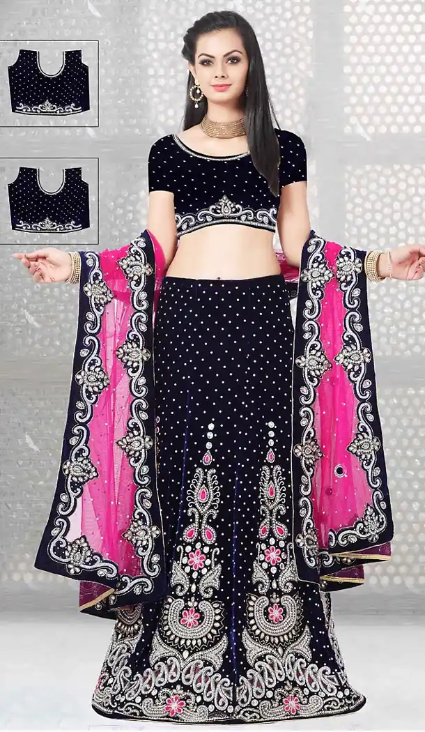 A Line Lehenga Style Wedding Lehenga Choli in Navy Blue Color Velvet | FH515578422
