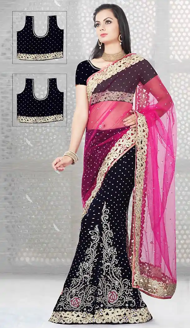 Lehenga Style Wedding Lehenga Saree in Navy Blue Color Net Velvet | FH515578423