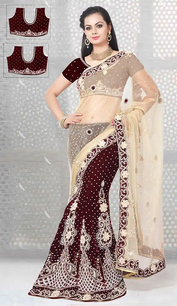 Lehenga Style Wedding Lehenga Saree in Maroon Color Net Velvet | FH515578424