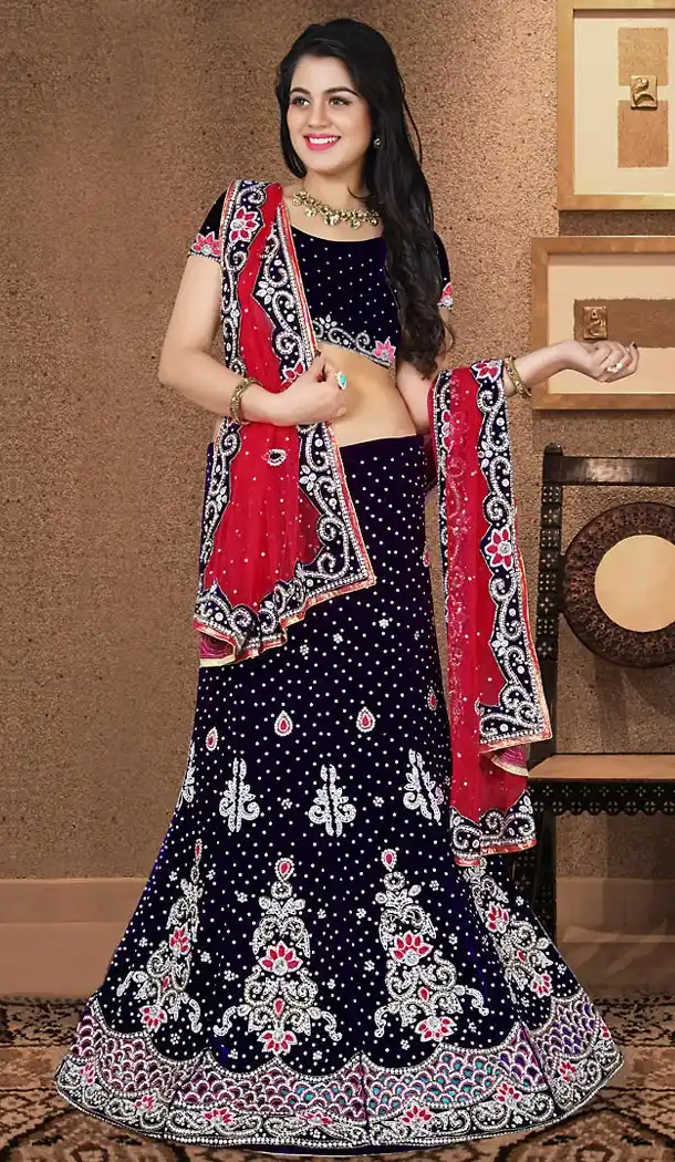 A Line Lehenga Wedding Lehenga Choli in Navy Blue Color Velvet | FH515678426