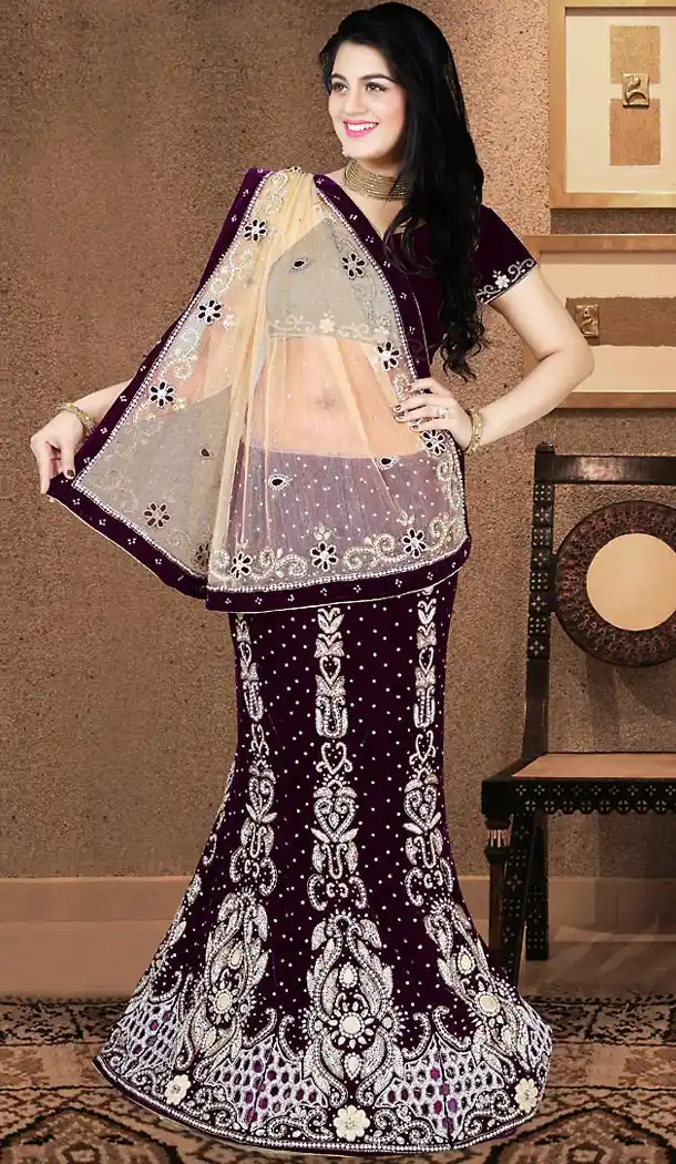 Lehenga Style Wedding Lehenga Saree in Maroon Color Net Velvet | FH515678427