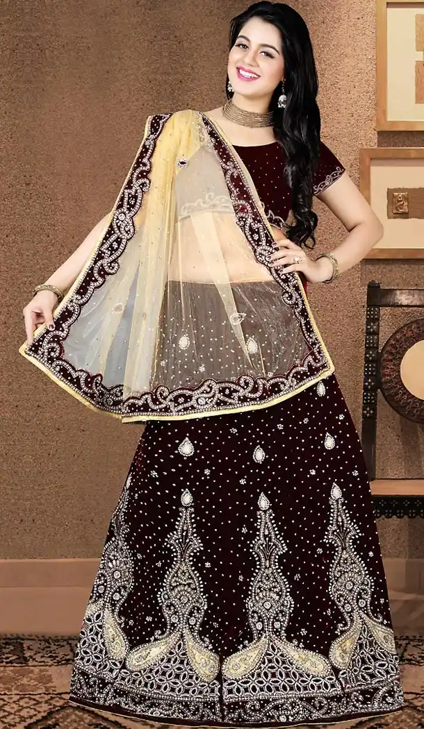 Lehenga Style Wedding Lehenga Saree in Maroon Color Net Velvet | FH515678430