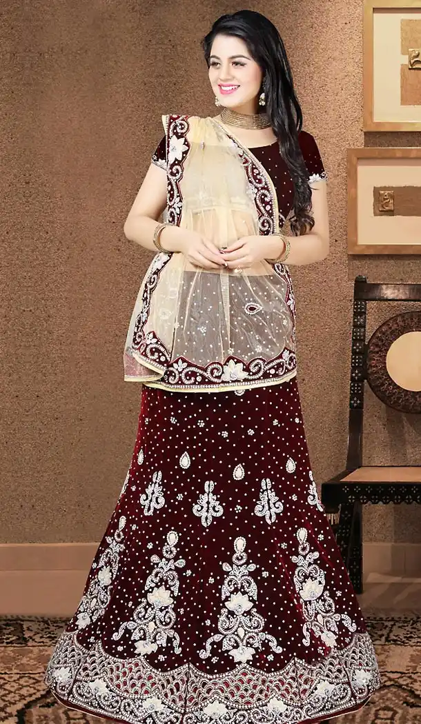 Lehenga Style Wedding Lehenga Saree in Maroon Color Net Velvet | FH515678434