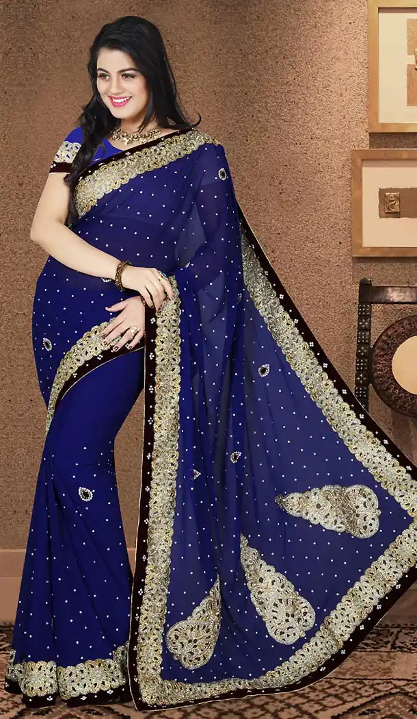 Designer Style Wedding Saree in Navy Blue Color Georgette | FH515678435