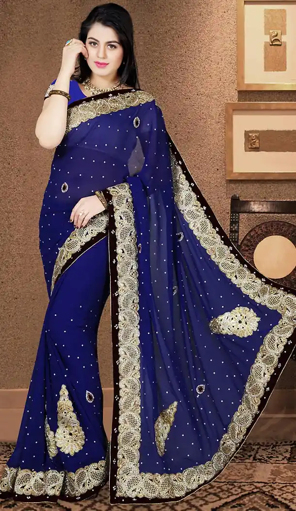 Designer Style Wedding Saree in Navy Blue Color Georgette | FH515678438