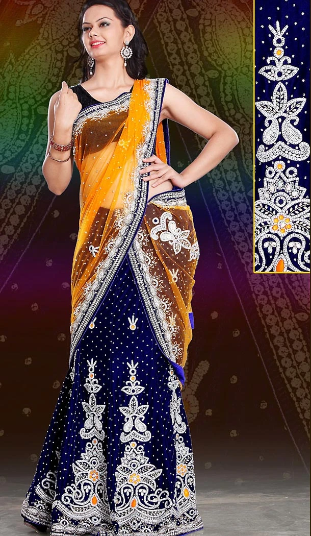 A Line Style Bridal Wedding Lehenga Choli in Velvet Deep Blue Color | FH515778462