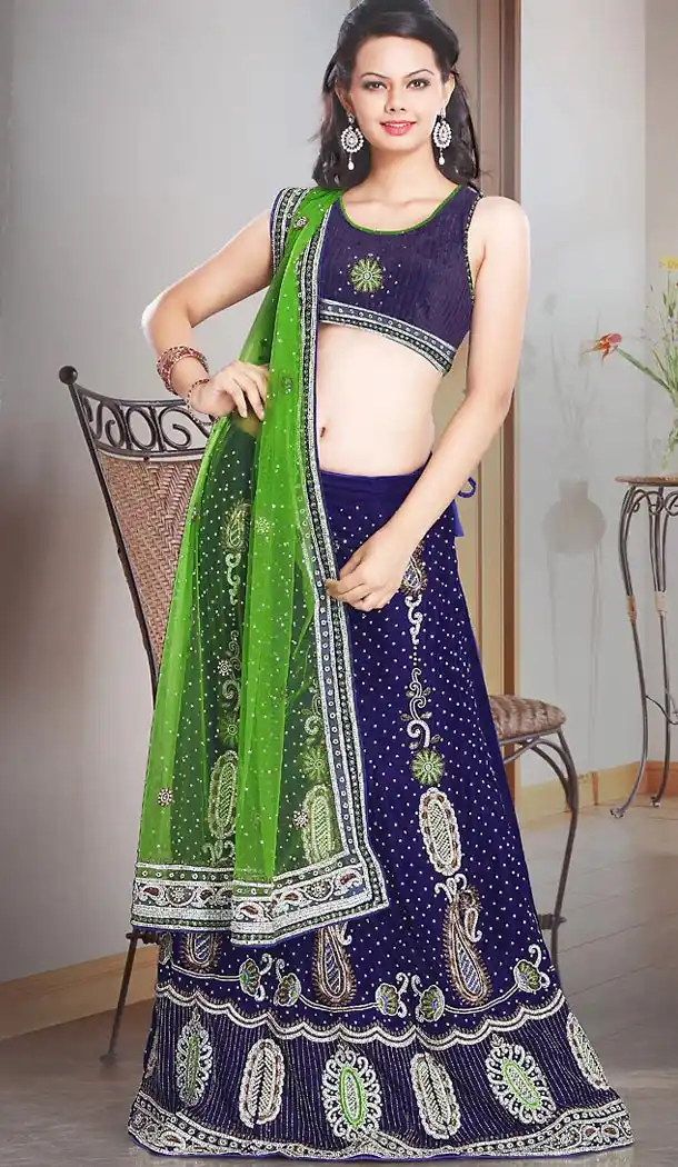 A Line Style Bridal Wedding Lehenga Choli in Velvet Deep Blue Color | FH515778467