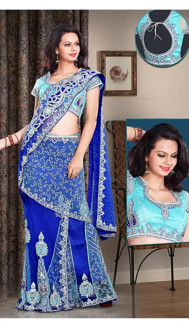 Designer Style Wedding Bridel Saree in Deep Blue Color Net | FH515778472