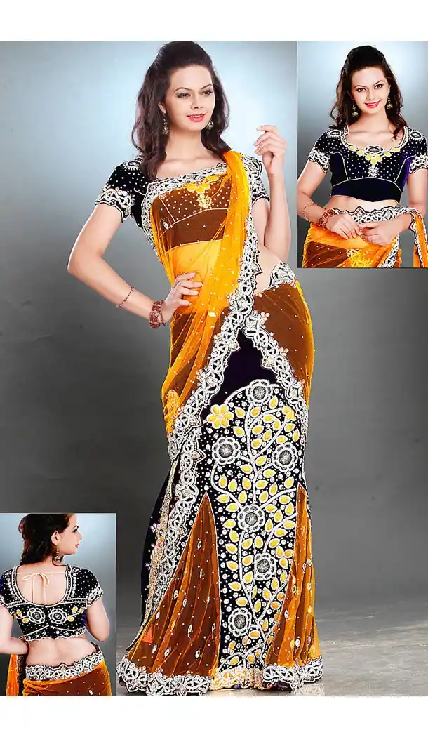 Designer Style Wedding Bridel Saree in Yellow Color Net Velvet | FH515778475