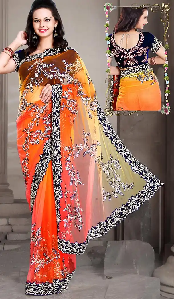 Designer Style Wedding Bridel Saree in Orange Color Net | FH515778476