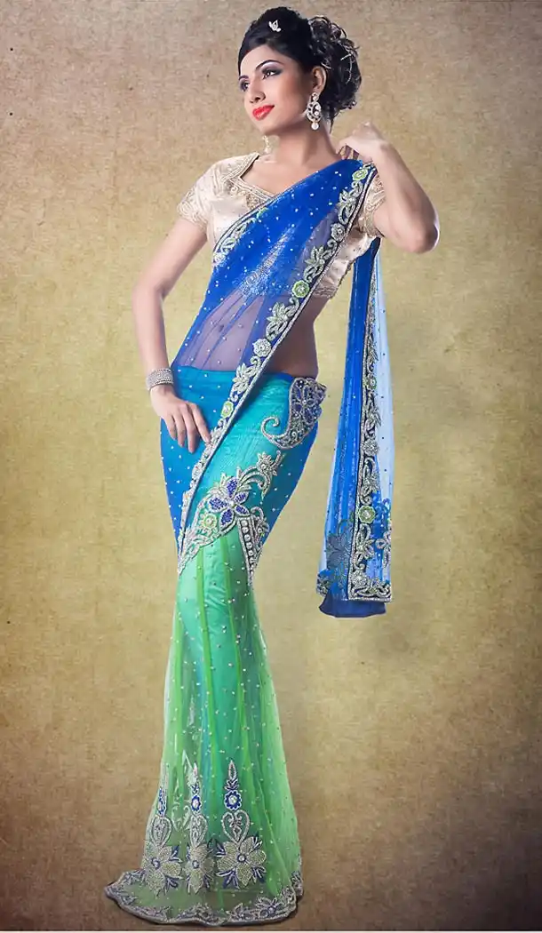 Designer Style Bridel Wedding Saree in Net Sky Blue Color | FH515878450